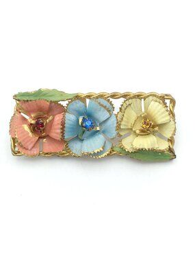 ENAMEL flower box brooch - vintage Austrian crystal rhinestone 2.25" pastel pin